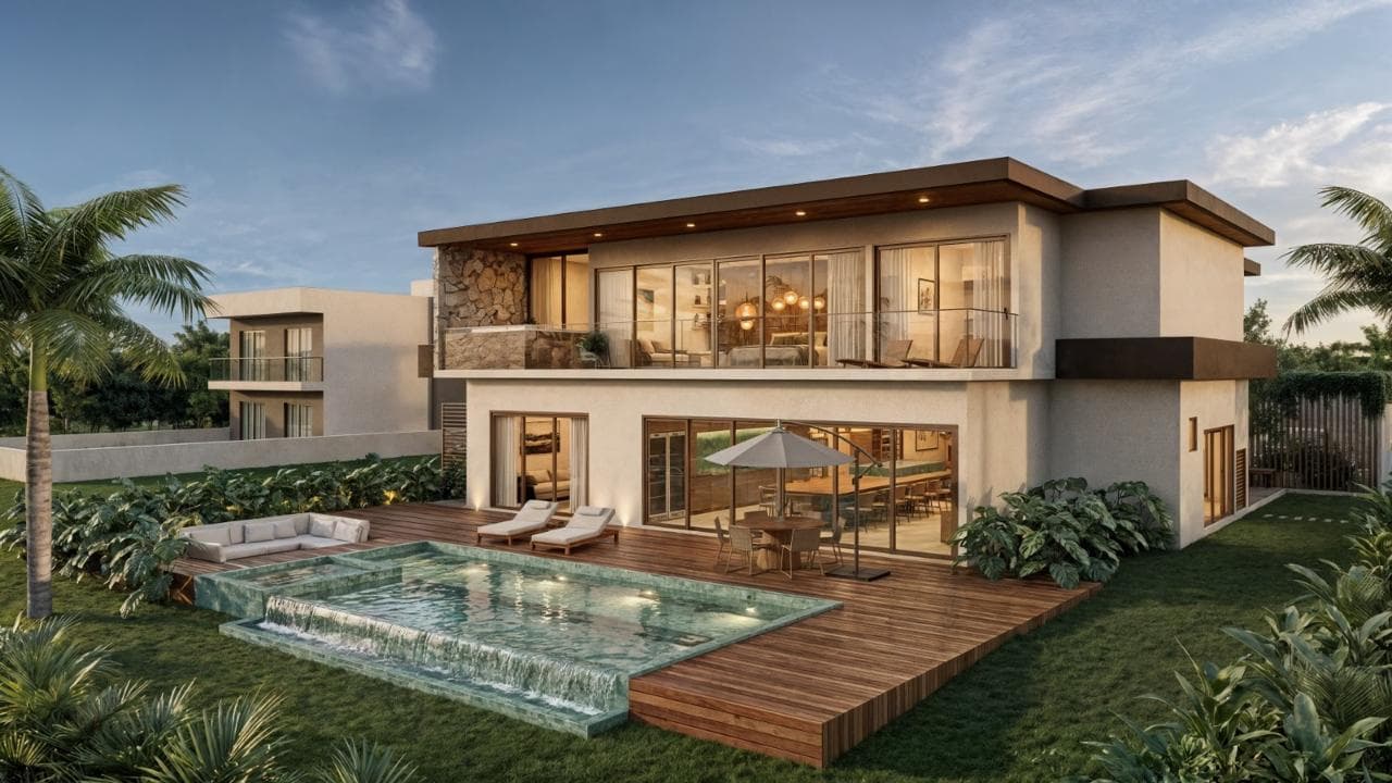 Residência sob medida de dois pavimentos com piscina ao entardecer