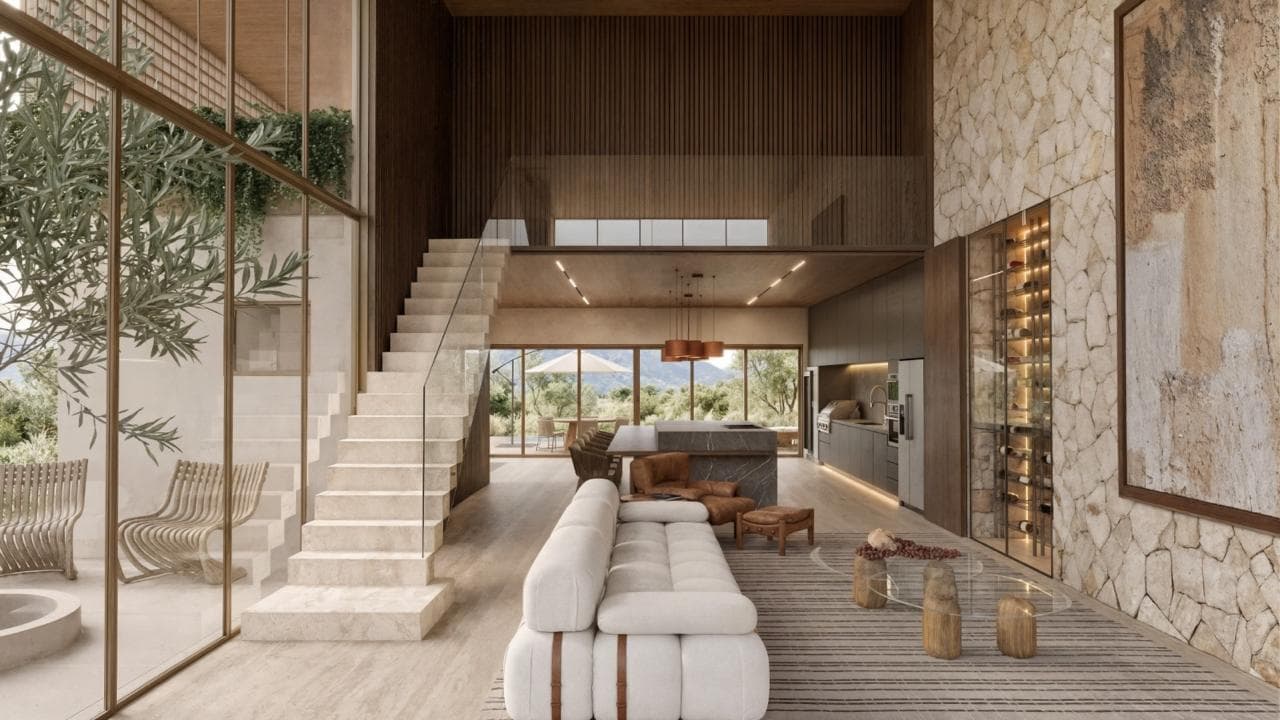 Sala de pé-direito duplo com parede em pedra e escada em concreto