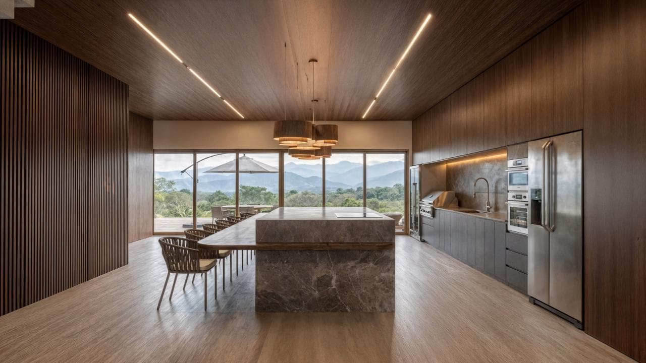 Cozinha integrada à sala de jantar com vidros de piso a teto e vista para a serra