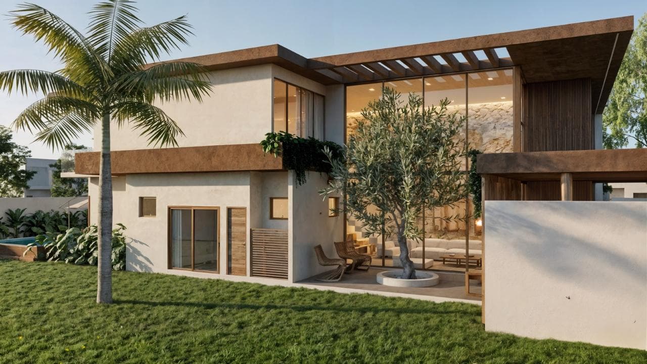 Fachada posterior com pátio sombreado e oliveira centenária