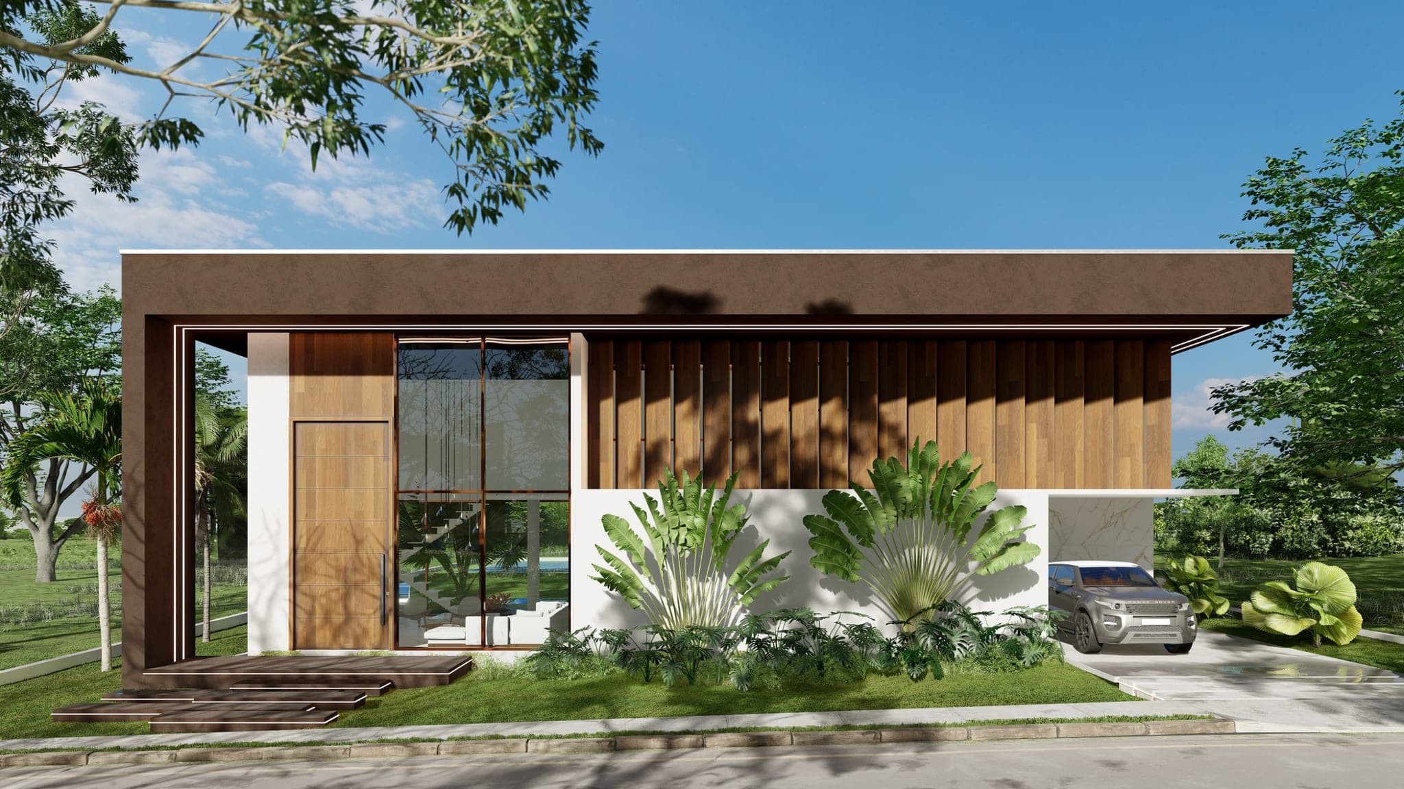 Render 3D da fachada frontal da Casa dos Brises com madeira, jardim e garagem