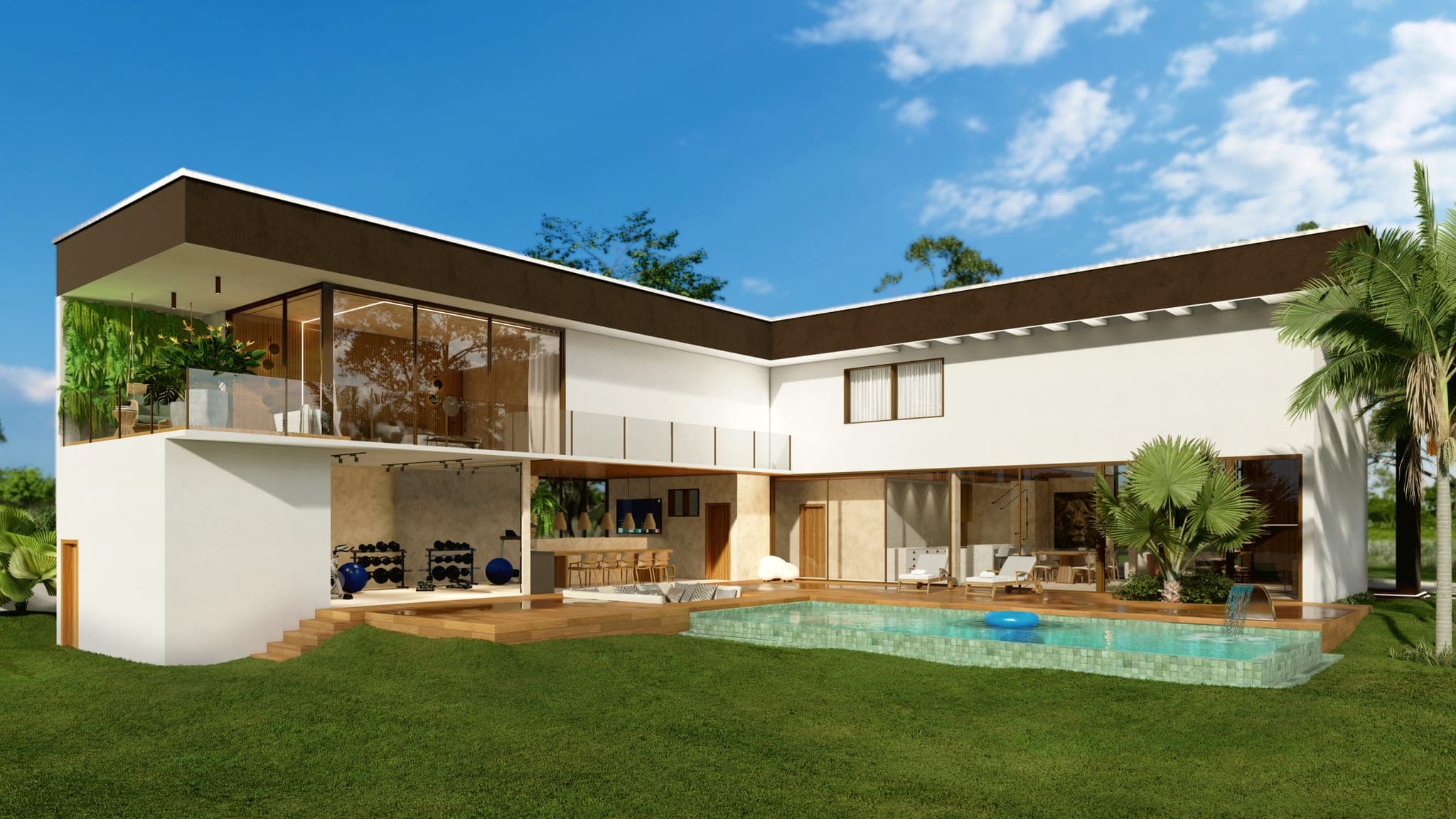 Render 3D da fachada posterior com piscina, varanda superior e área de lazer aberta