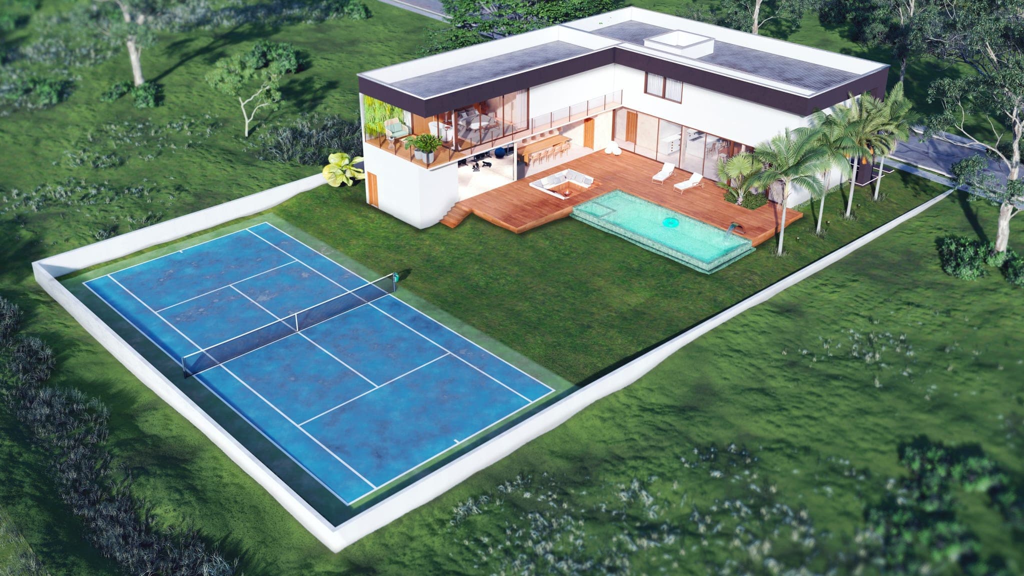 Render 3D aéreo mostrando residência, piscina, quadra e implantação no terreno
