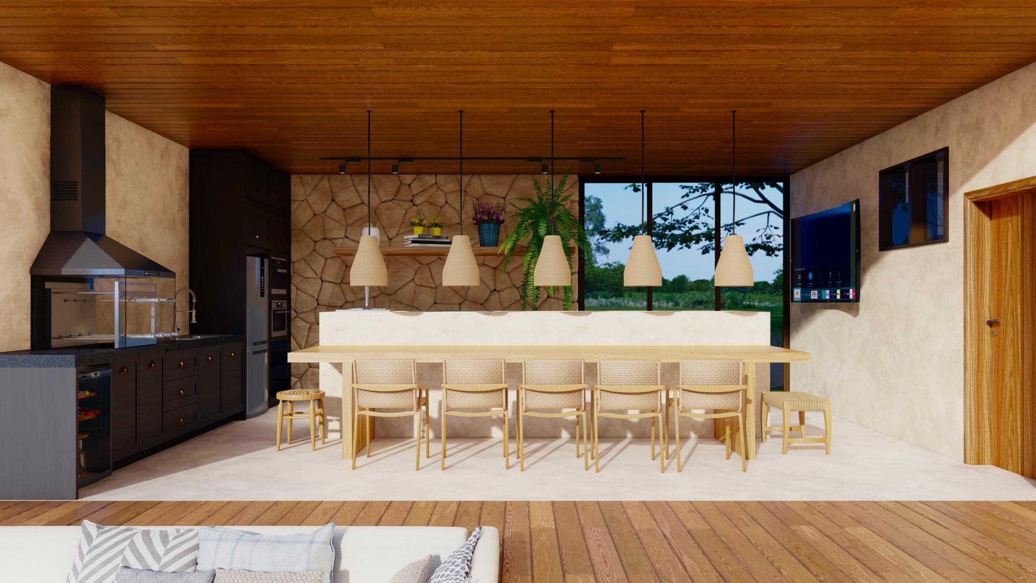 Render 3D de cozinha coberta e jantar com ilha extensa e forro de madeira