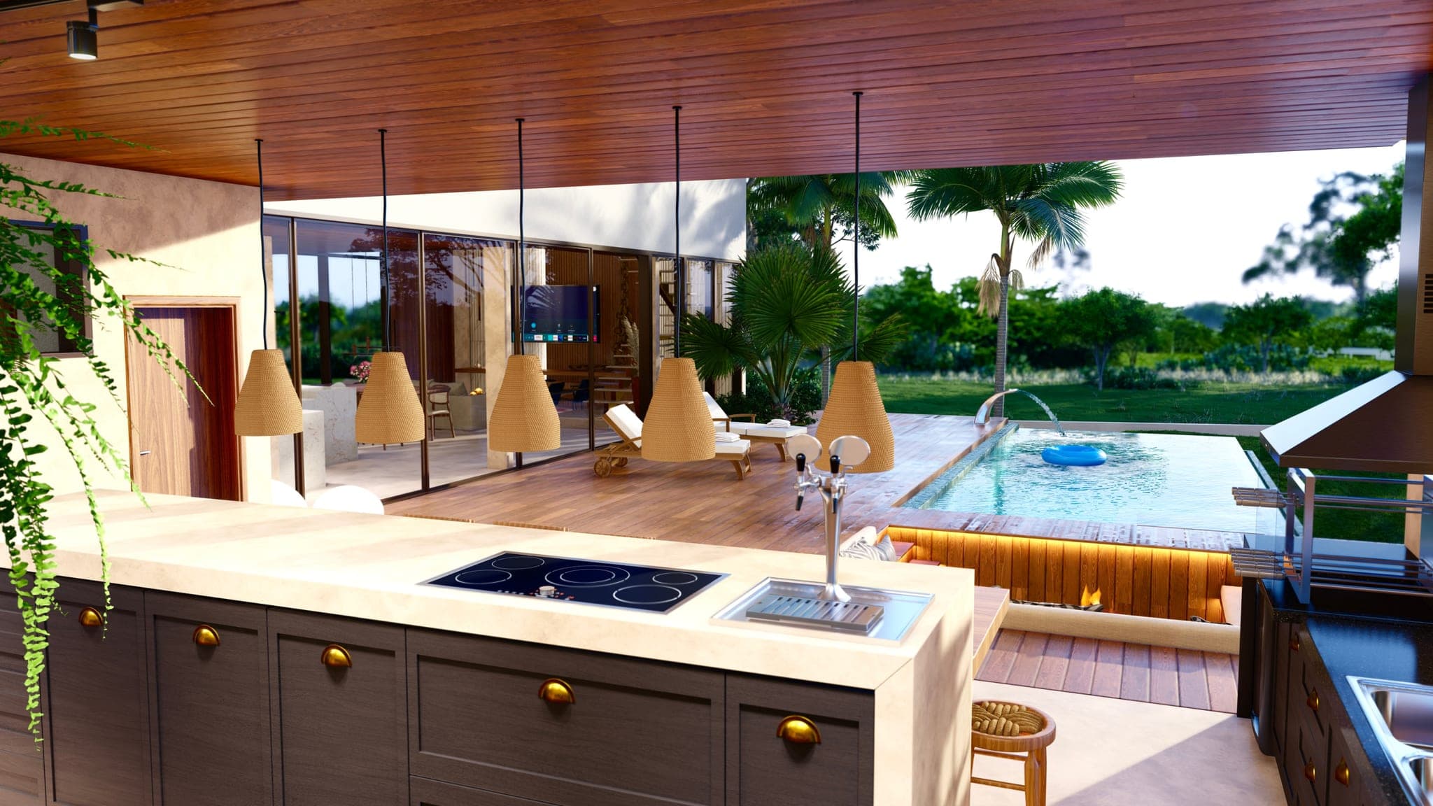 Render 3D de cozinha externa aberta para piscina e paisagismo