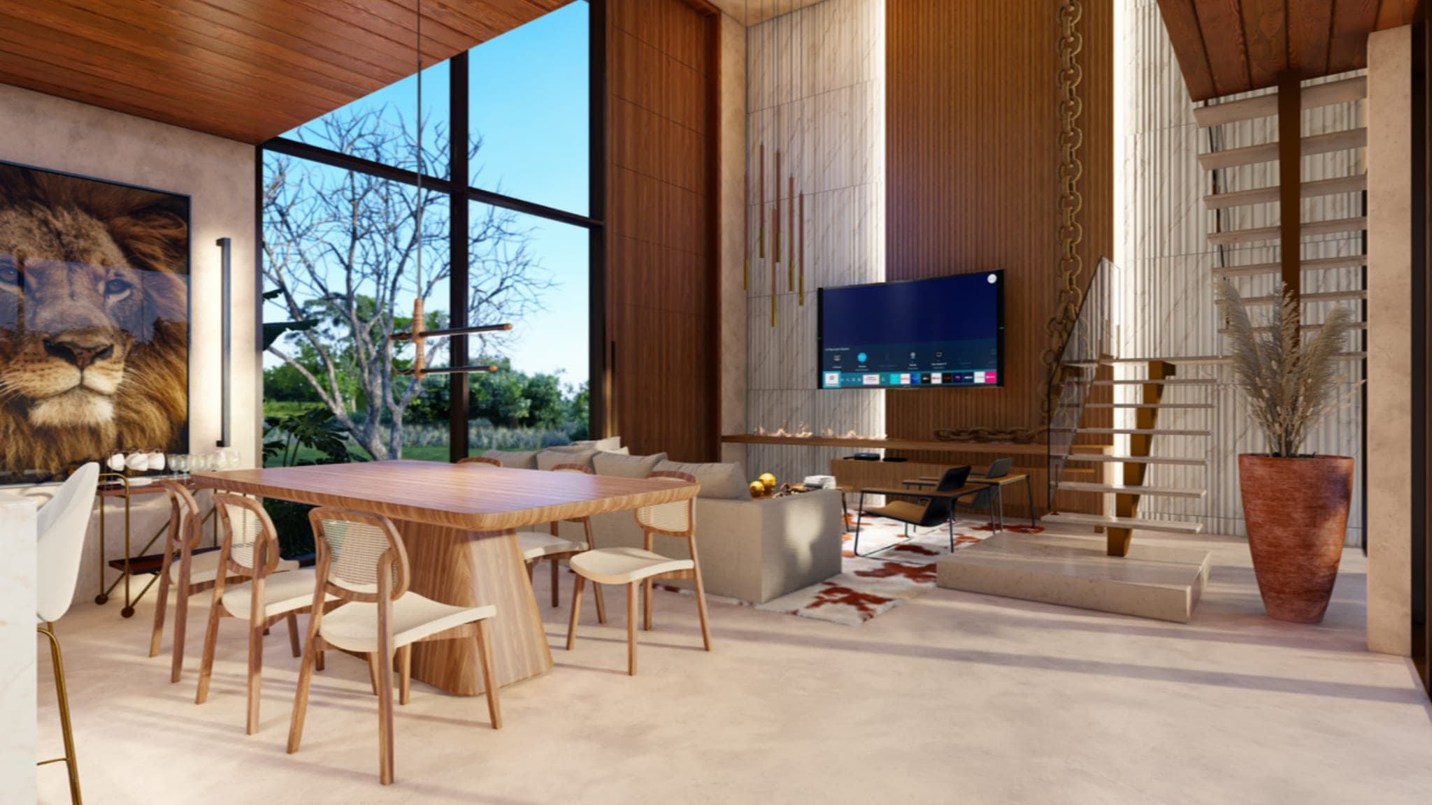 Render 3D de estar e jantar com pé-direito duplo, escada e vidro amplo