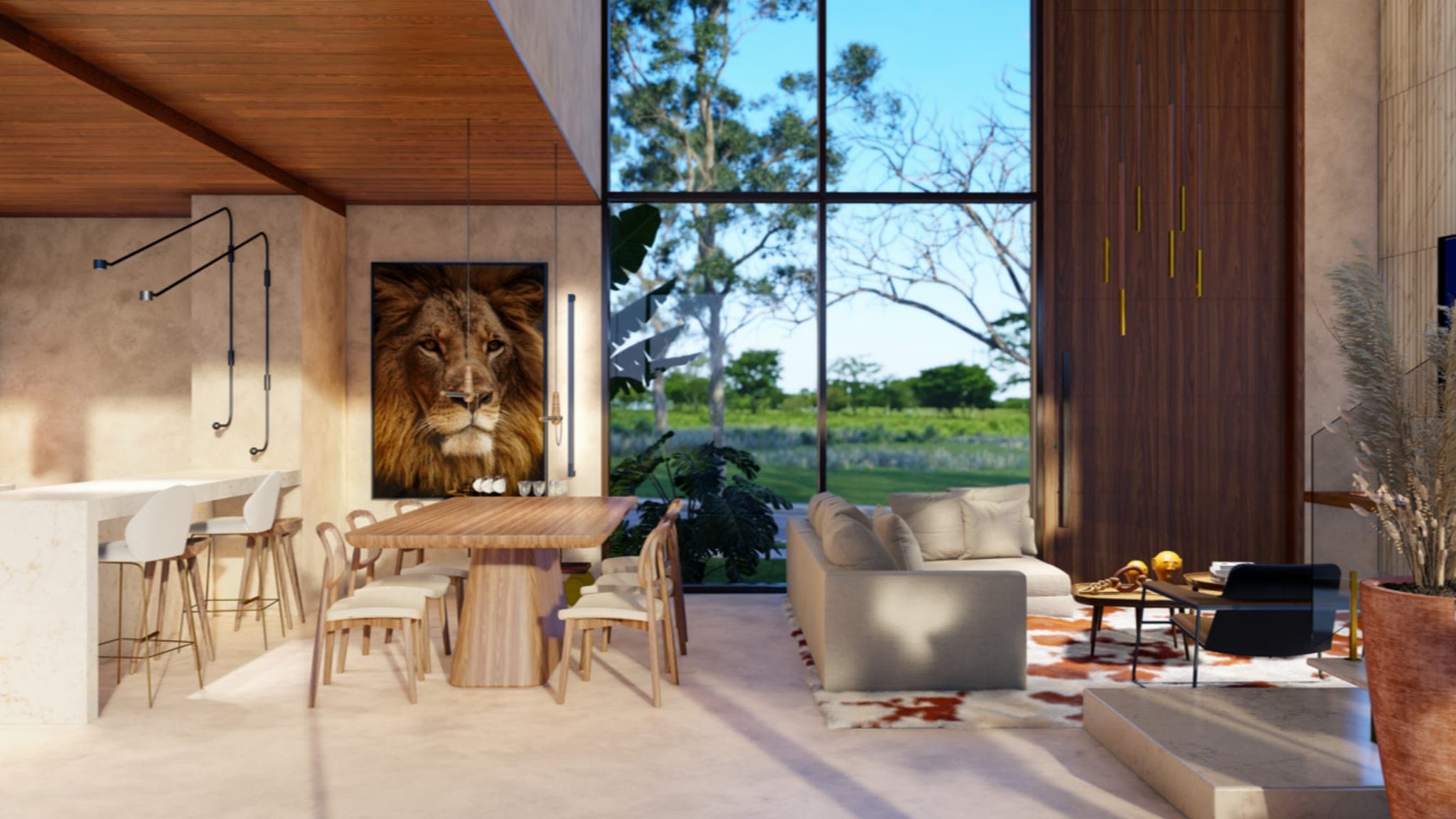 Render 3D de estar interno com sofá, cozinha e vista para o jardim