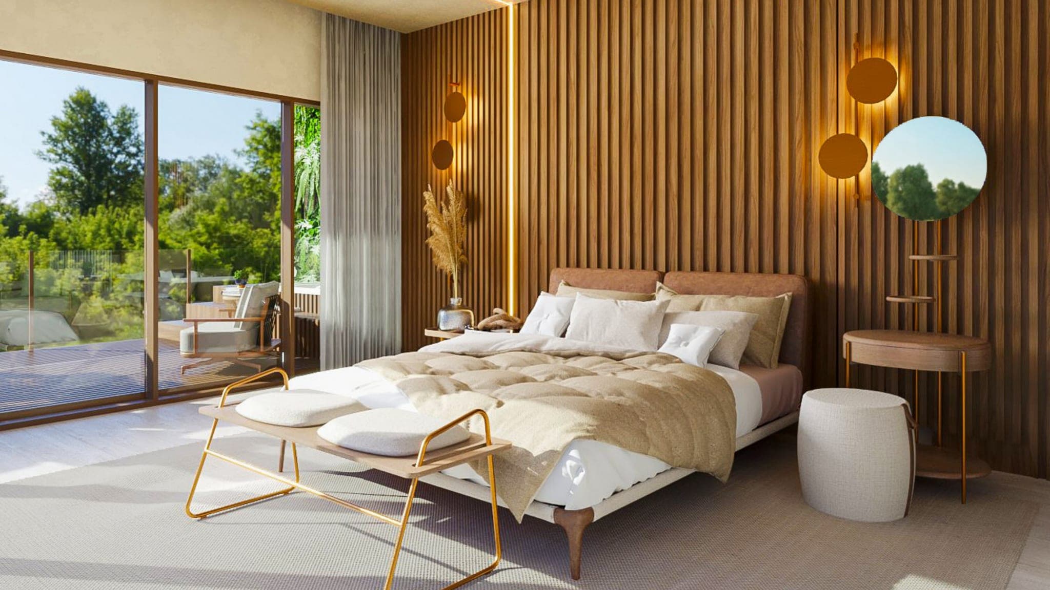 Render 3D de quarto com painel de madeira e acesso ao jardim