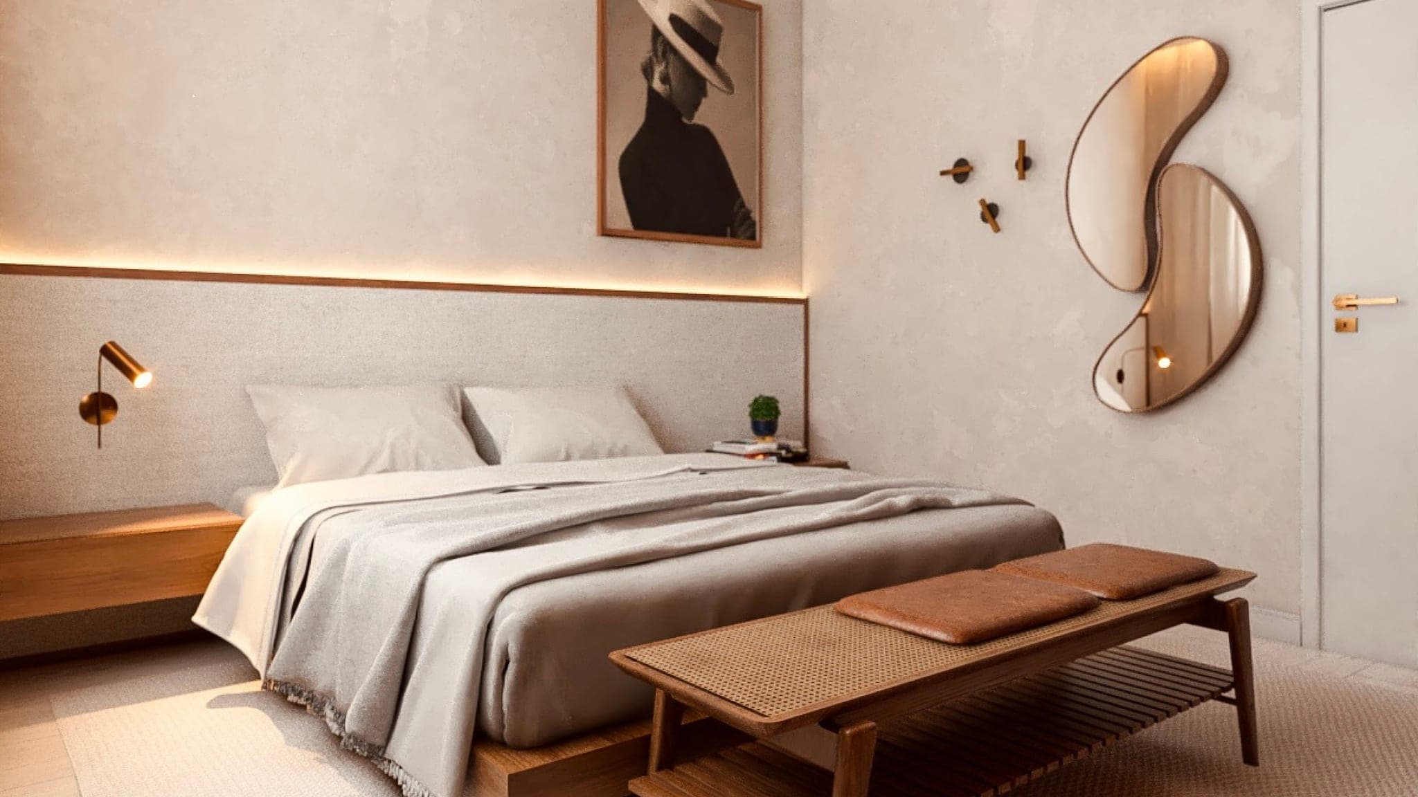 Render 3D de quarto com parede estofada, espelho escultural e iluminação quente