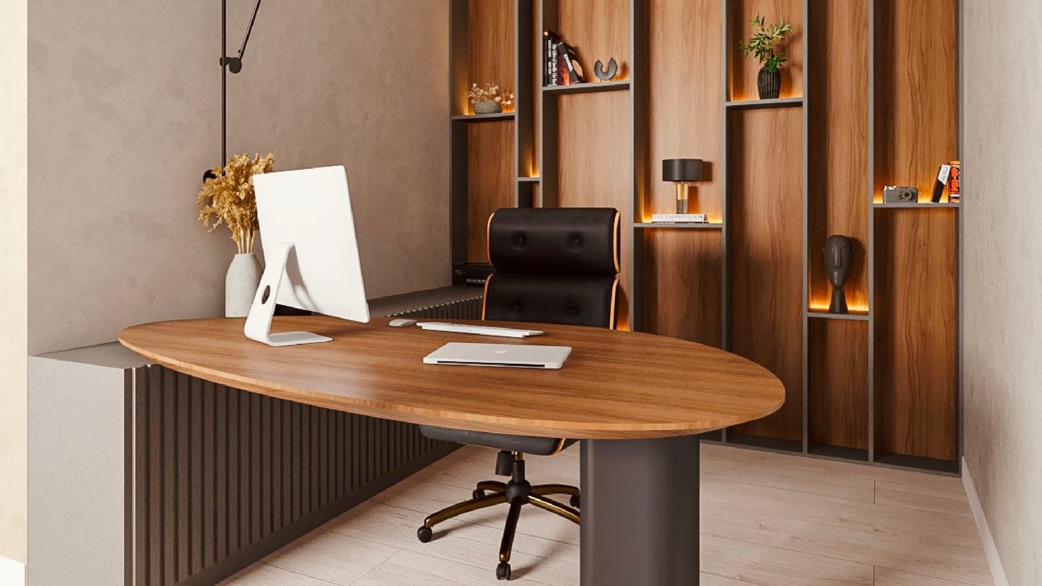 Render 3D de escritório com mesa curva, estantes e acabamentos em madeira